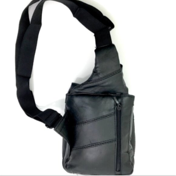 BUXTON Black Leather SLING Crossbody Travel BAG #55R - Picture 3 of 11